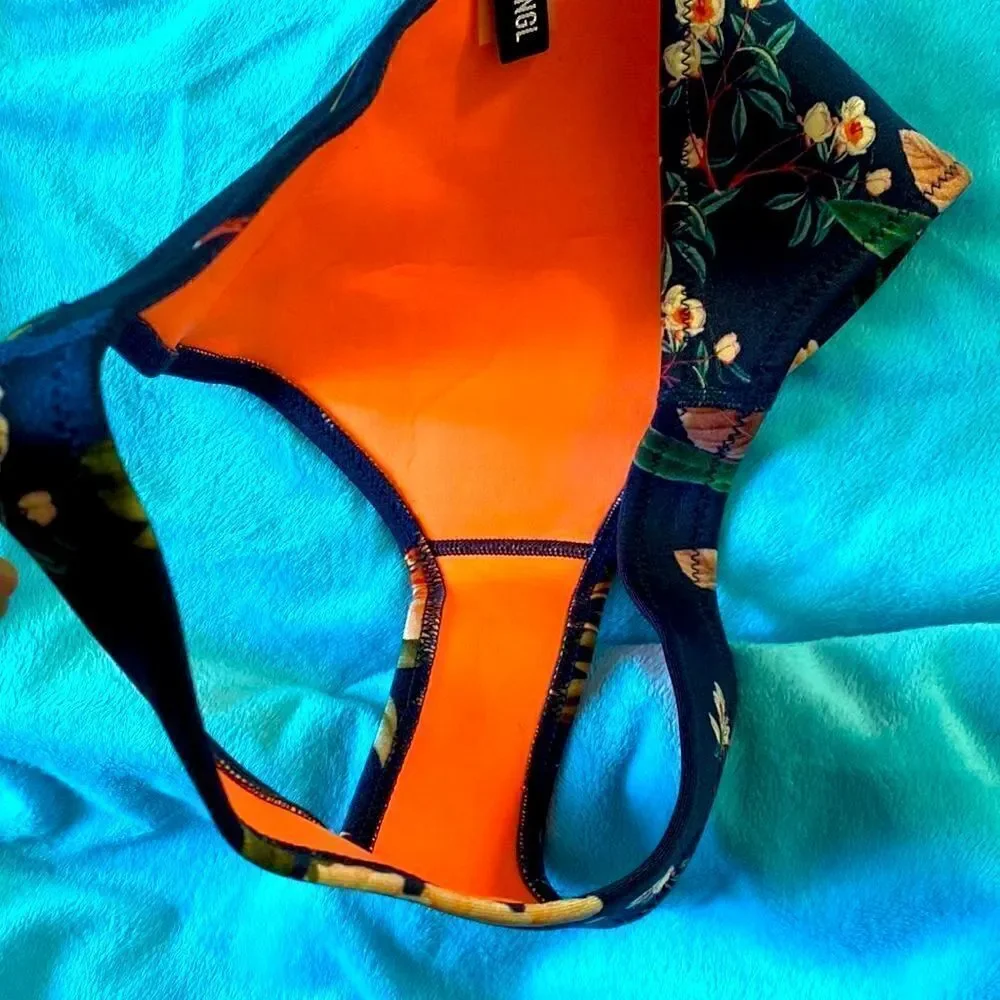 Triangl Navy Blue Bikini Bottom Orange Flowers Floral Swimwear Tropical Vacation